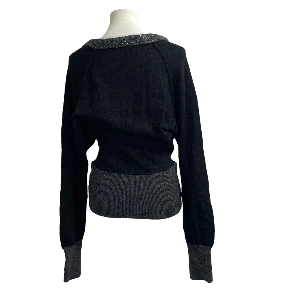 Free People Deep V Neck Sweater. Large. Wool Blend slouchy grey gray black shiny